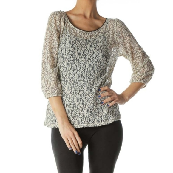 Ann Taylor LOFT Beige Black Lace See-Through Blouse Top Size Women Small Petite - Picture 1 of 13
